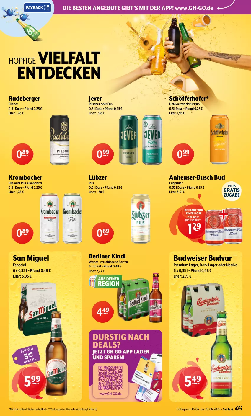 Aktueller Prospekt Getraenke Hoffmann - Prospekte - von 15.06 bis 20.06.2026 - strona 6 - produkty: alkohol, angebot, angebote, Berger, berliner, berliner kindl, bier, budweiser, decke, eis, Hefe, hefeweizen, Heu, jever, jever pilsener, krombache, krombacher, krombacher pils, Lagerbier, Lübzer, natur, pils, pilsener, pilsner, radeberger, radeberger pilsner, schöfferhofer, Ti
