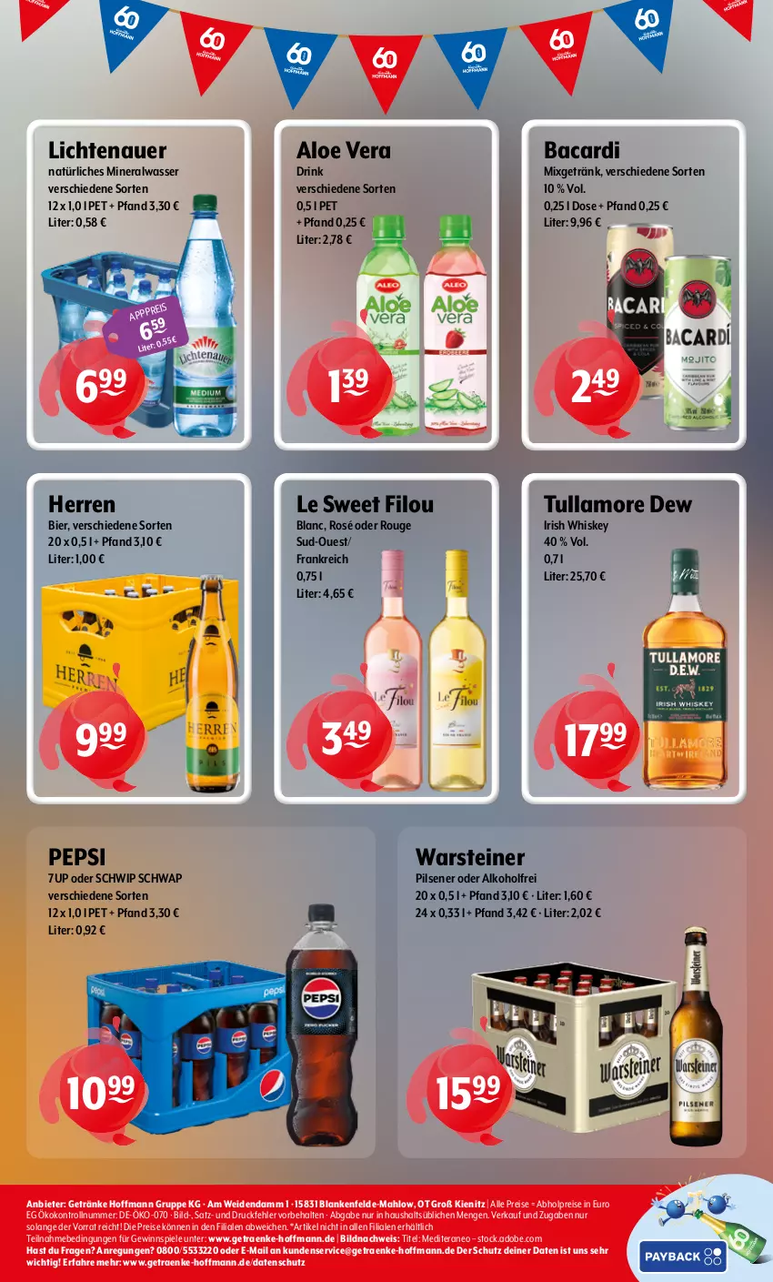 Aktueller Prospekt Getraenke Hoffmann - Prospekte - von 15.06 bis 20.06.2026 - strona 8 - produkty: 7UP, abholpreise, alkohol, aloe vera, Alwa, auer, bacardi, bier, drink, eis, getränk, getränke, gewinnspiel, irish whiskey, lichtenauer, mineralwasser, Mixgetränk, natürliches mineralwasser, pepsi, pils, pilsener, reis, rouge, Schwip Schwap, Spiele, steiner, Ti, tullamore, tullamore dew, warsteiner, wasser, whiskey