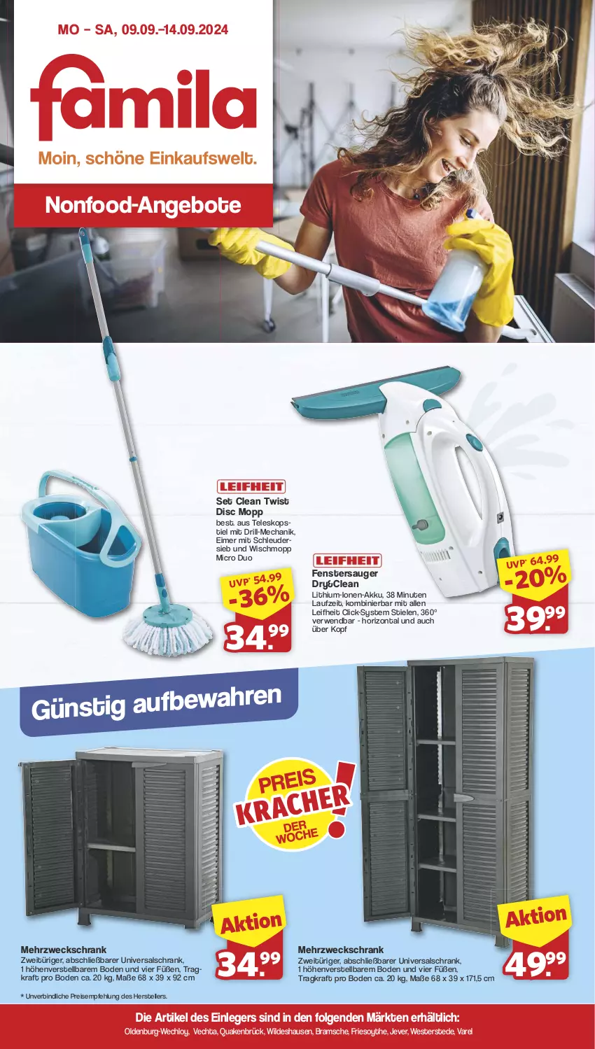 Aktueller Prospekt Famila - Prospekte - von 09.09 bis 14.09.2024 - strona 1 - produkty: akku, angebot, angebote, eckschrank, eimer, eis, elle, fenster, fenstersauger, jever, kraft, leifheit, LG, mehrzweckschrank, reis, rel, rwe, Schrank, Teleskop, teleskopstiel, teller, Ti, weck, Weste, Wild, Wischmopp