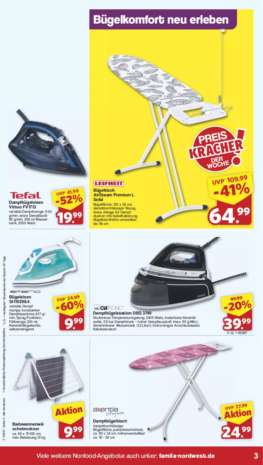 Aktueller Prospekt Famila - Prospekte - von 09.09 bis 14.09.2024 - strona 3 - produkty: angebot, angebote, Bad, Badewanne, bügel, Bügeleisen, Bügelstation, bügeltisch, dampfbügeleisen, dampfbügelstation, eis, elle, Pfau, reis, Ria, teller, Ti, tisch, Trockner, Wanne, wäschetrockner, wasser, wassertank, ZTE