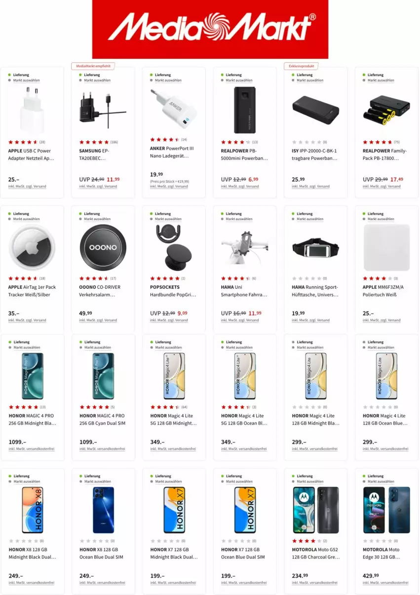 Aktueller Prospekt Media Markt - Prospekte - von 05.07 bis 12.07.2022 - strona 5 - produkty: adapter, Apple, Apple AirTag, Dual SIM, hama, Honor, lack, ladegerät, motorola, ndk, Samsung, sim, Sport, Tasche, tuc, usb, versandkostenfrei, ZTE