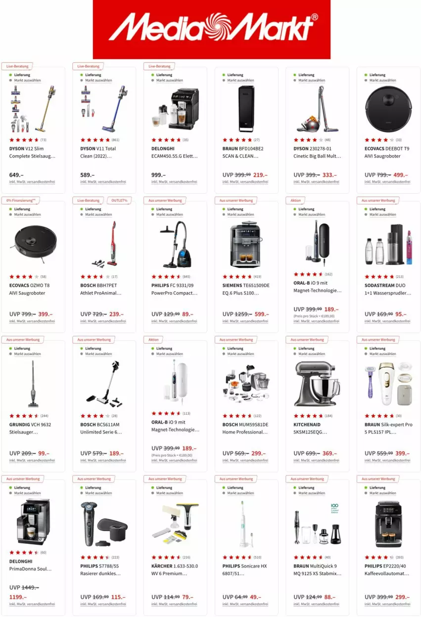 Aktueller Prospekt Media Markt - Prospekte - von 05.07 bis 12.07.2022 - strona 8 - produkty: auto, ball, bosch, braun, cin, delonghi, Dyson, grundig, kaffee, kaffeevollautomat, Kärcher, KitchenAid, mars, ndk, oral-b, Philips, rasierer, Saugroboter, siemens, Soda, sodastream, sonicare, Stielsauger, Ti, versandkostenfrei, wasser, wassersprudler