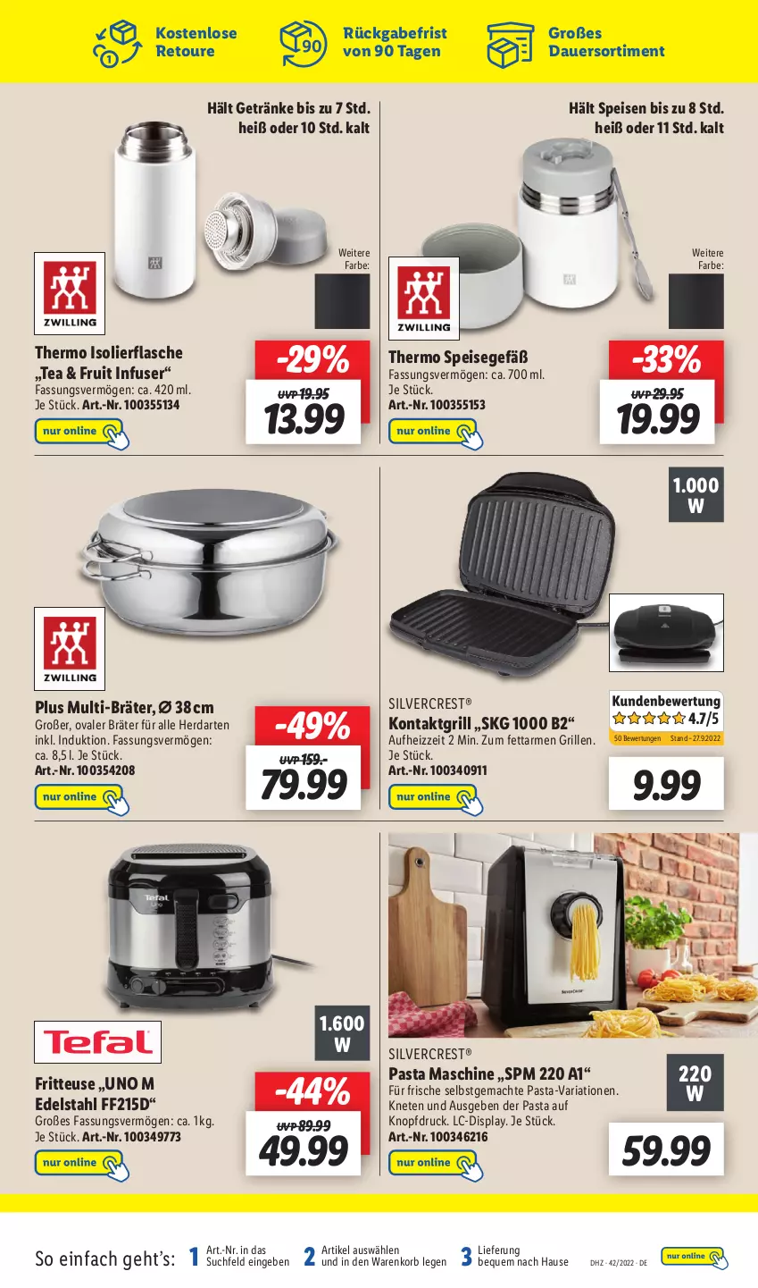 Aktueller Prospekt Lidl - Wochen-Highlights im Onlineshop - von 17.10 bis 23.10.2022 - strona 7 - produkty: auer, edelstahl, eis, flasche, fritteuse, getränk, getränke, grill, herdarten, isolierflasche, kontaktgrill, korb, mac, pasta, Ria, silvercrest, Speisegefäß, Ti