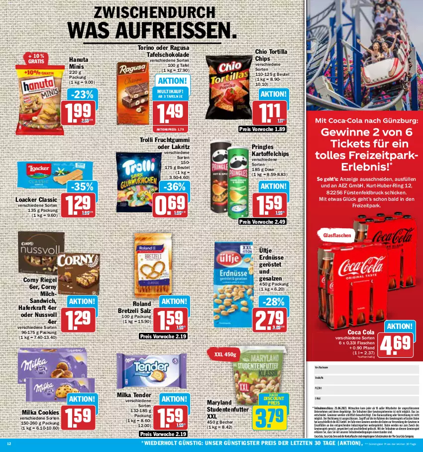 Aktueller Prospekt Aez - Prospekte - von 19.06 bis 24.06.2023 - strona 12 - produkty: AEZ, aktionspreis, auer, Becher, beutel, chips, cola, cookie, cookies, corny, discount, eis, ente, erdnüsse, flasche, frucht, fruchtgummi, glasflasche, hafer, hanuta, kartoffel, kartoffelchips, kraft, Lakritz, milch, milka, nuss, oder lakritz, pringles, reis, reiss, riegel, ring, salz, sandwich, schoko, schokolade, studentenfutter, tafelschokolade, tender, Ti, tortilla, Tortilla Chips, trolli, trolli fruchtgummi, ültje, ültje erdnüsse, ZTE