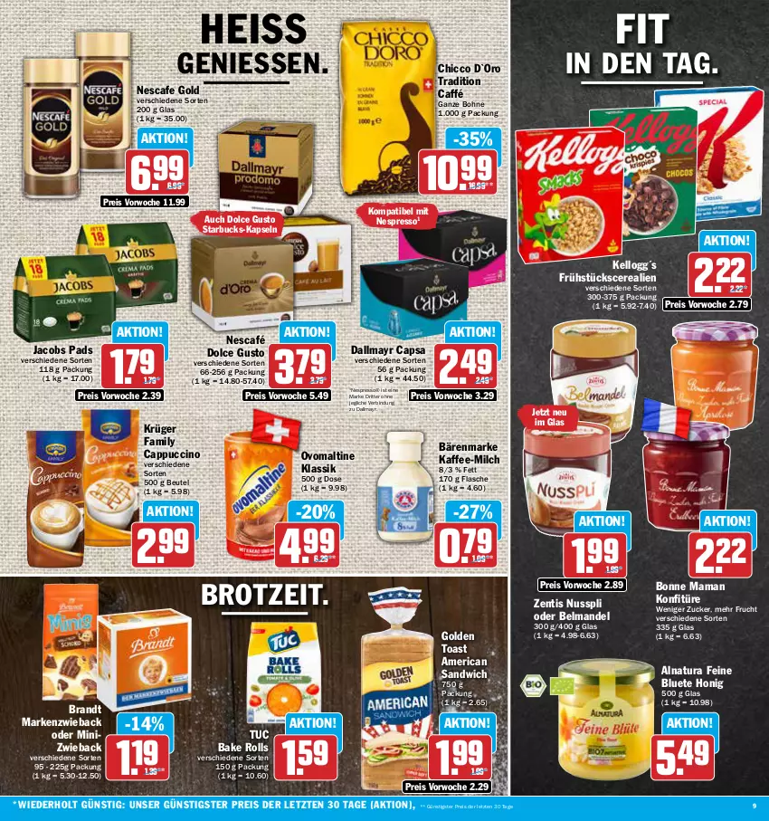 Aktueller Prospekt Aez - Prospekte - von 19.06 bis 24.06.2023 - strona 9 - produkty: bärenmarke, Belmandel, beutel, bohne, bonne maman, brandt, brot, Cap, cappuccino, cerealien, cin, dallmayr, dallmayr capsa, dolce gusto, eis, espresso, flasche, frucht, golden toast, honig, jacobs, kaffee, konfitüre, krüger, mam, mandel, Markenzwieback, milch, natur, natura, Nescafé, nescafe, nespresso, nuss, nusspli, ovomaltine, reis, ritter, sandwich, starbucks, Ti, toast, tuc, zentis, ZTE, zucker