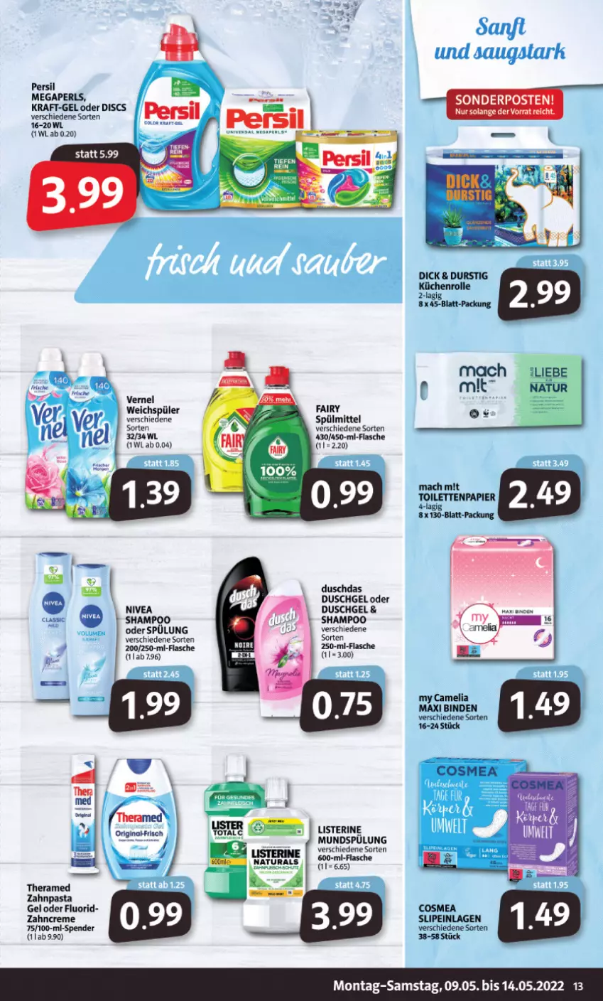 Aktueller Prospekt Markant - Prospekte - von 09.05 bis 14.05.2022 - strona 13 - produkty: cosmea, creme, duschdas, duschgel, fairy, flasche, kraft, küche, Küchen, küchenrolle, listerine, mac, megaperls, natur, nivea, papier, pasta, persil, shampoo, slip, slipeinlagen, sonderposten, spülmittel, spülung, theramed, Ti, toilettenpapier, vernel, weichspüler, zahncreme, zahnpasta