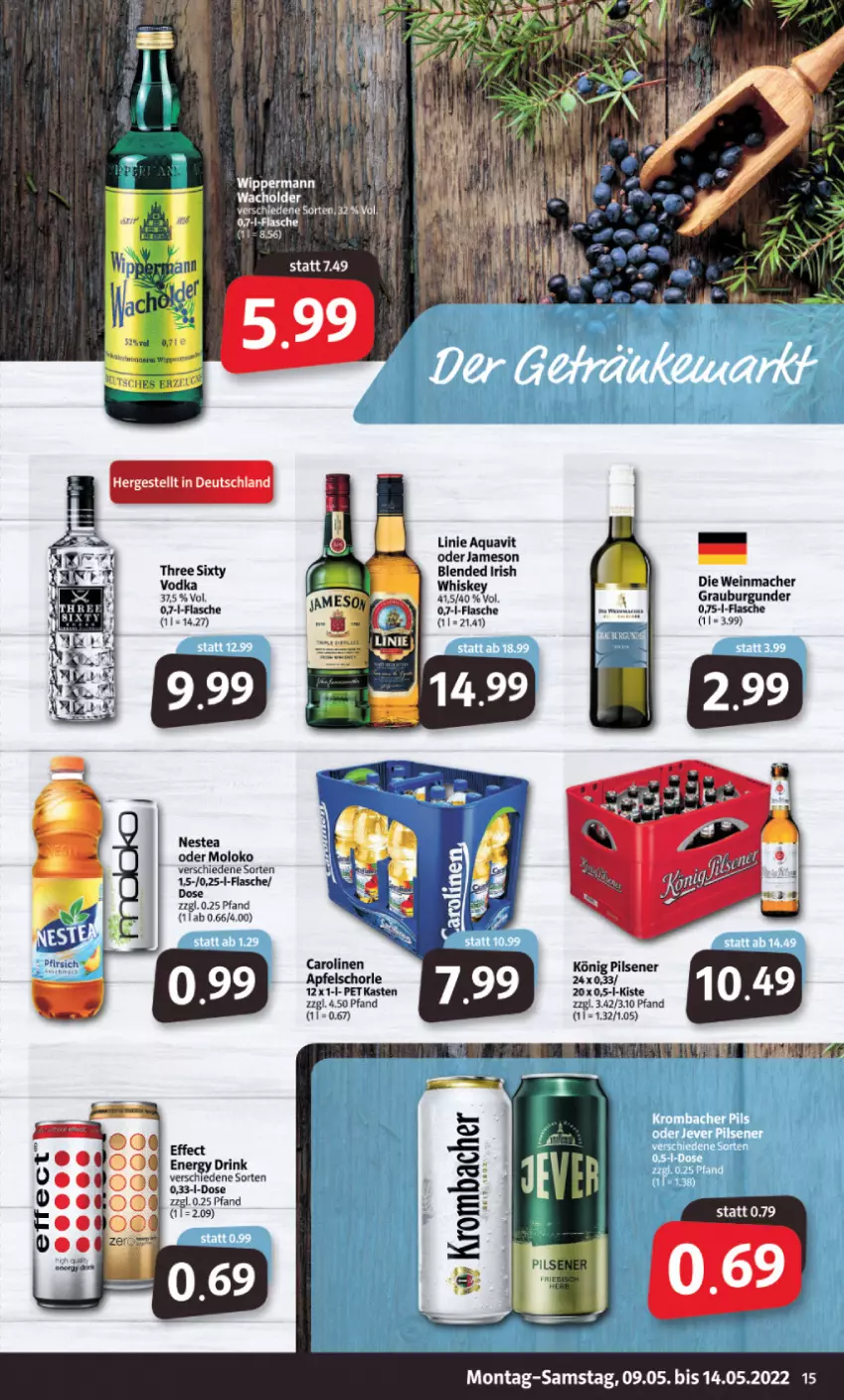 Aktueller Prospekt Markant - Prospekte - von 09.05 bis 14.05.2022 - strona 15 - produkty: apfel, Apfelschorle, aqua, aquavit, burgunder, drink, Effect, energy drink, flasche, grauburgunder, jameson, könig pilsener, krombache, krombacher, mac, Nestea, pfirsich, pils, pilsener, schorle, vodka, wein, whiskey