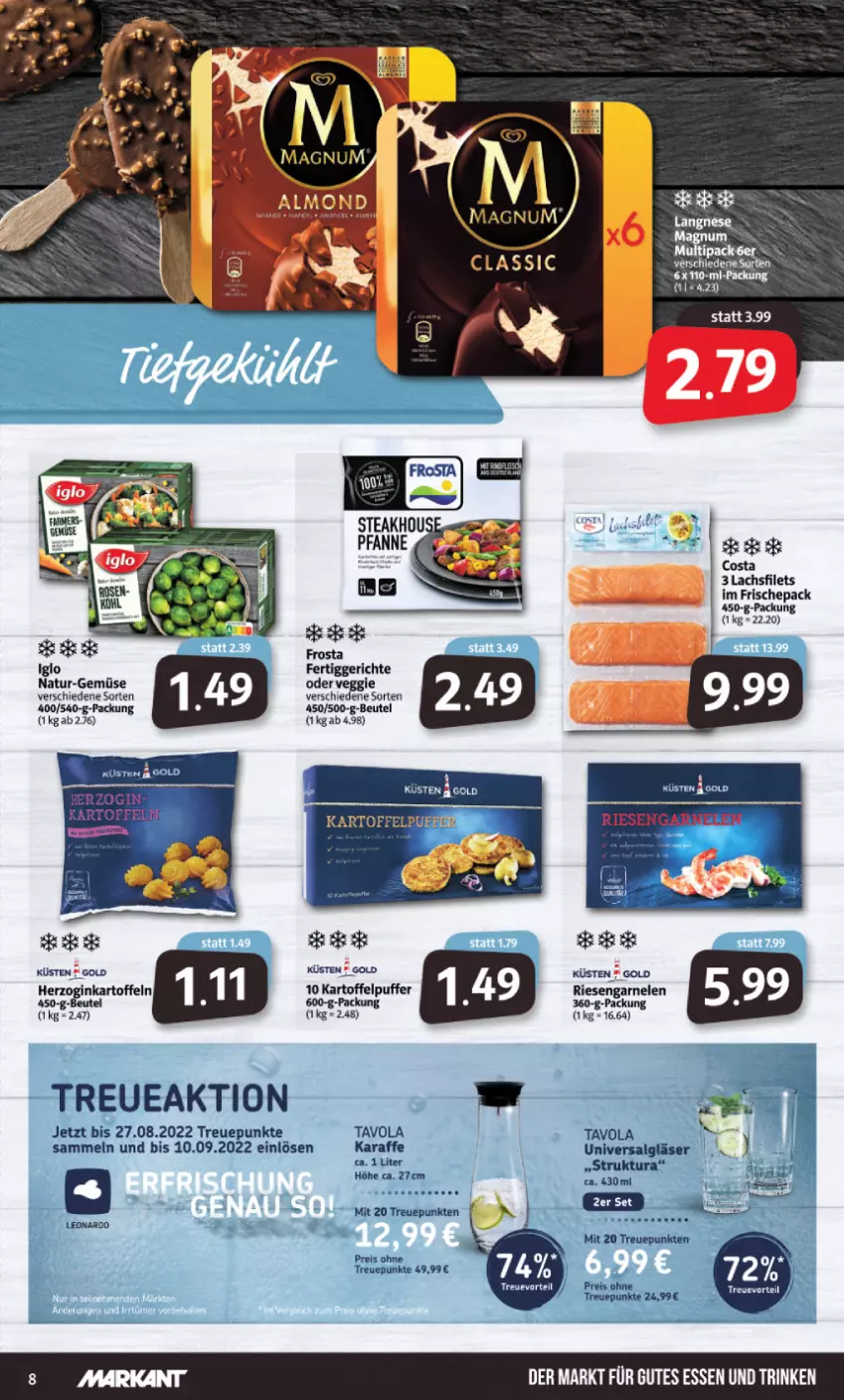 Aktueller Prospekt Markant - Prospekte - von 09.05 bis 14.05.2022 - strona 8 - produkty: beutel, eis, ente, fertiggericht, fertiggerichte, filet, filets, frosta, garnelen, gin, Gläser, gutes essen, Karaffe, kartoffel, kartoffeln, kartoffelpuffer, lachs, lachsfilet, lachsfilets, leonardo, LG, magnum, natur, reis, riesengarnelen, Ti, veggie