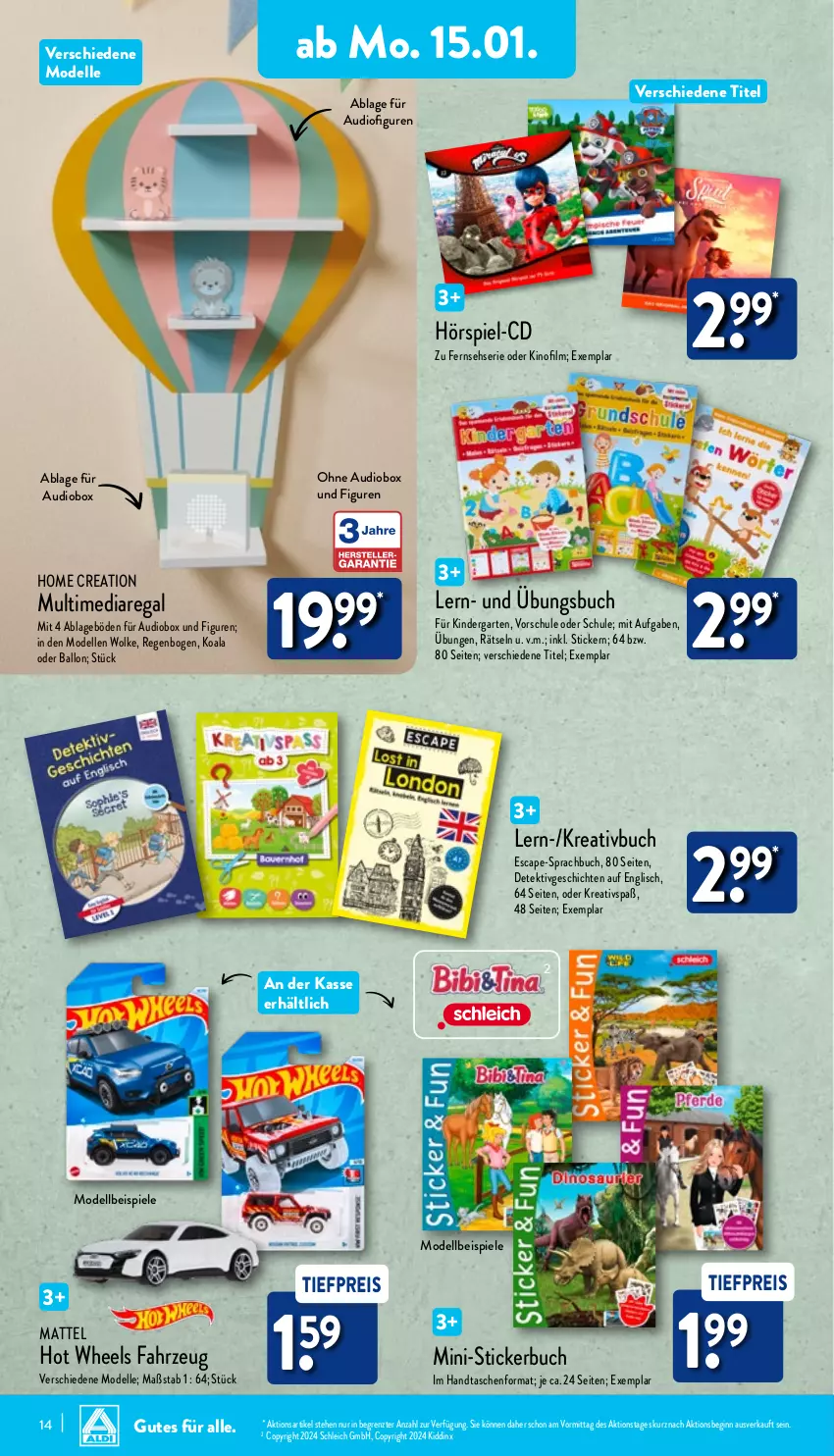 Aktueller Prospekt Aldi Nord - Von Montag - von 15.01 bis 20.01.2024 - strona 14 - produkty: ball, buch, Cap, dell, eis, elle, Garten, gin, Handtasche, Hot Wheels, Kinder, Mattel, Mode, regal, reis, Schleich, Spiele, Stickerbuch, Tasche, taschen, Ti, tiefpreis, ZTE