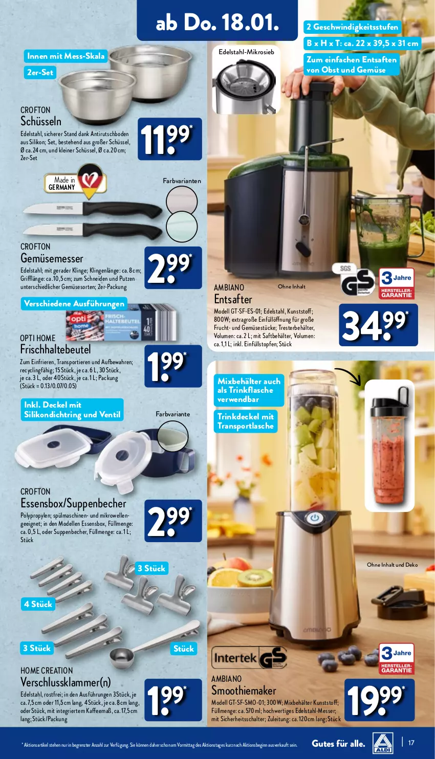 Aktueller Prospekt Aldi Nord - Von Montag - von 15.01 bis 20.01.2024 - strona 17 - produkty: ambia, Becher, Behälter, beutel, Clin, Crofton, decke, Deckel, dell, edelstahl, elle, Entsafter, flasche, frucht, Germ, gin, kaffee, lamm, leine, messer, mikrowelle, Mode, obst, Obst und Gemüse, Ria, ring, rwe, saft, Schal, schüssel, smoothie, Sport, spülmaschinen, suppe, suppen, Ti, Tiere, topf, Topfen, trinkflasche, und gemüse, ZTE