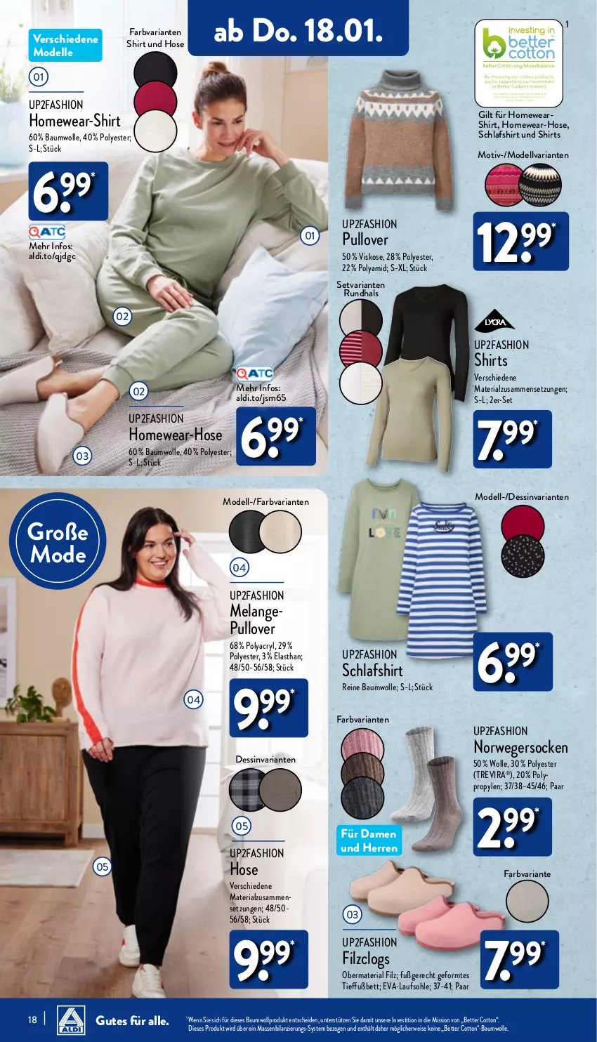 Aktueller Prospekt Aldi Nord - Von Montag - von 15.01 bis 20.01.2024 - strona 18 - produkty: aldi, Bau, baumwolle, bett, Clogs, dell, eis, Elan, elle, hose, Mode, Norwegersocken, Pullover, reine baumwolle, Ria, rwe, shirt, shirts, socken, Ti, up2fashion, wolle