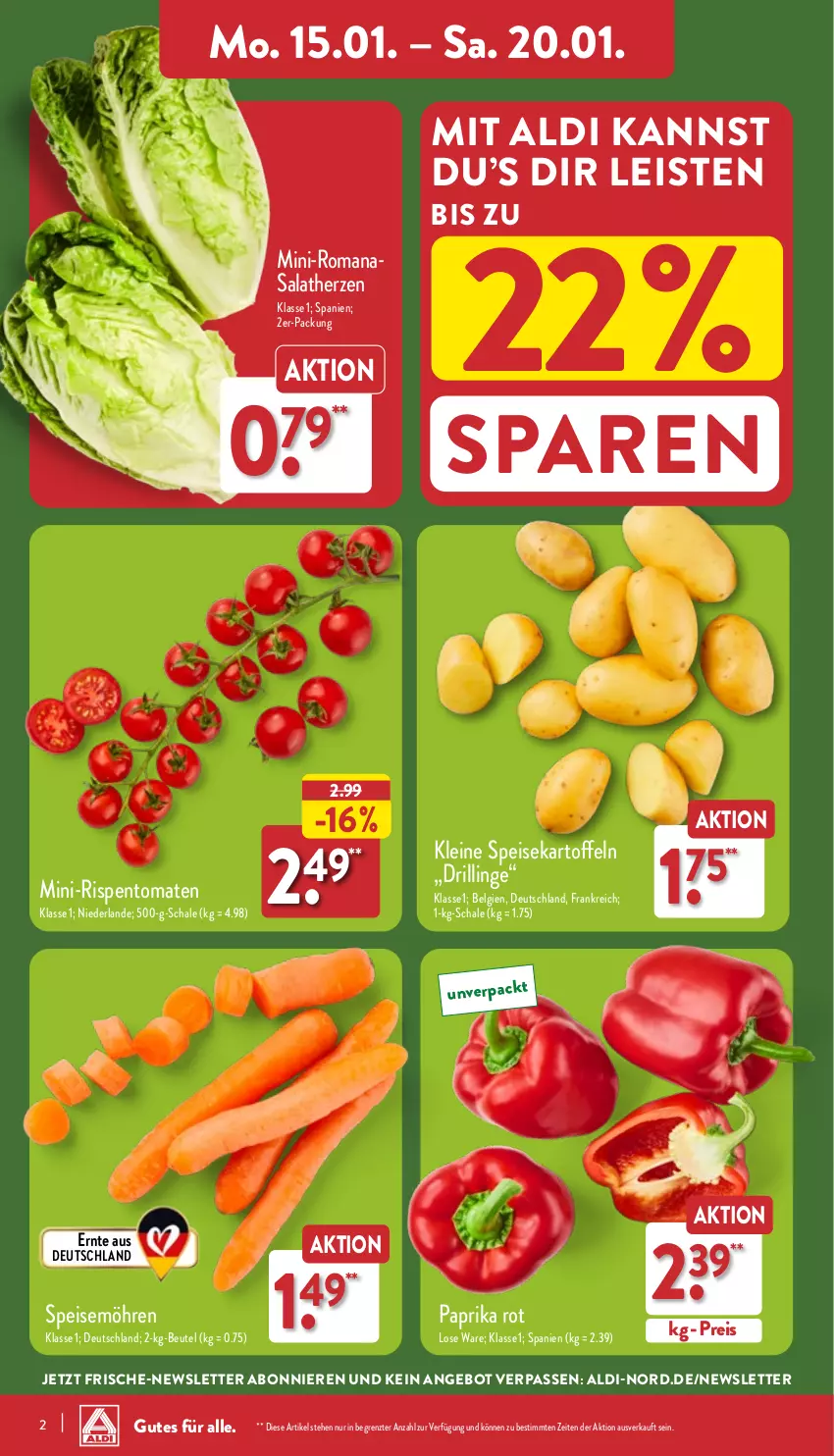 Aktueller Prospekt Aldi Nord - Von Montag - von 15.01 bis 20.01.2024 - strona 2 - produkty: aldi, angebot, beutel, eis, kartoffel, kartoffeln, leine, LG, mini-rispentomaten, möhren, paprika, paprika rot, reis, rispentomaten, Romanasalat, salat, salatherzen, Schal, Schale, speisekartoffeln, speisemöhren, Ti, tomate, tomaten, ZTE