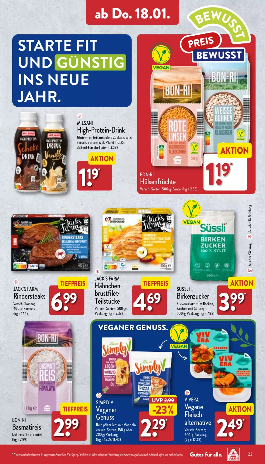 Aktueller Prospekt Aldi Nord - Von Montag - von 15.01 bis 20.01.2024 - strona 23 - produkty: aus der tiefkühlung, basmati, beutel, Birkenzucker, brustfilet, drink, eis, filet, flasche, fleisch, früchte, gin, hähnchenbrust, hähnchenbrustfilet, hülsenfrüchte, mandel, mandeln, nuss, reis, rind, rinder, Rindersteak, senf, sim, steak, steaks, Ti, tiefpreis, Vegane Fleisch, ZTE, zucker