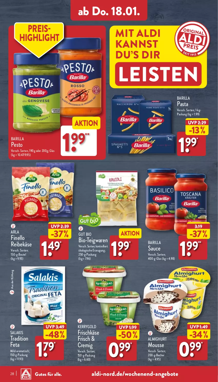 Aktueller Prospekt Aldi Nord - Von Montag - von 15.01 bis 20.01.2024 - strona 28 - produkty: aldi, almighur, almighurt, angebot, angebote, arla, barilla, Becher, beutel, bio, eis, feta, finello, frischkäse, Käse, kerrygold, mousse, pasta, pesto, Reibekäse, reis, salakis, sauce, teigwaren, Ti, tisch, trolli