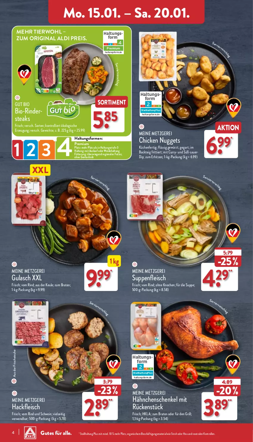 Aktueller Prospekt Aldi Nord - Von Montag - von 15.01 bis 20.01.2024 - strona 4 - produkty: aldi, auer, bio, braten, chicken nuggets, curry, dip, eis, ente, fleisch, gewürz, gin, grill, gulasch, hackfleisch, hähnchenschenkel, henkel, Heu, küche, Küchen, nuggets, reis, Ria, rind, rinder, rwe, schenkel, schwein, steak, steaks, suppe, suppen, suppenfleisch, Ti, trolli, wein