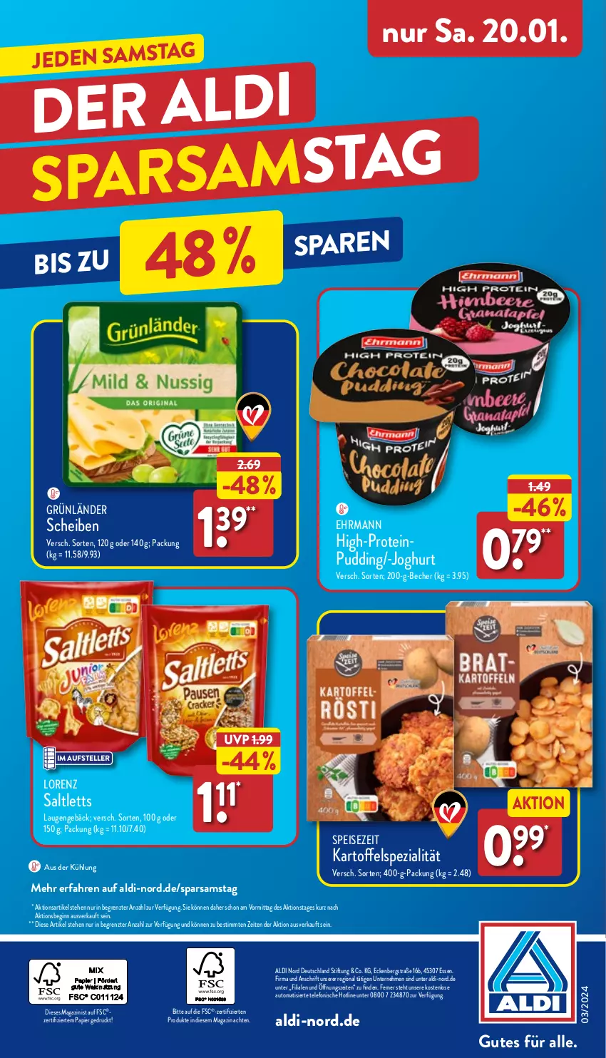 Aktueller Prospekt Aldi Nord - Von Montag - von 15.01 bis 20.01.2024 - strona 40 - produkty: aldi, auto, Becher, ehrmann, eis, elle, gin, grünländer, joghur, joghurt, kartoffel, lorenz, magazin, papier, pudding, saltletts, Spezi, telefon, teller, Ti, ZTE