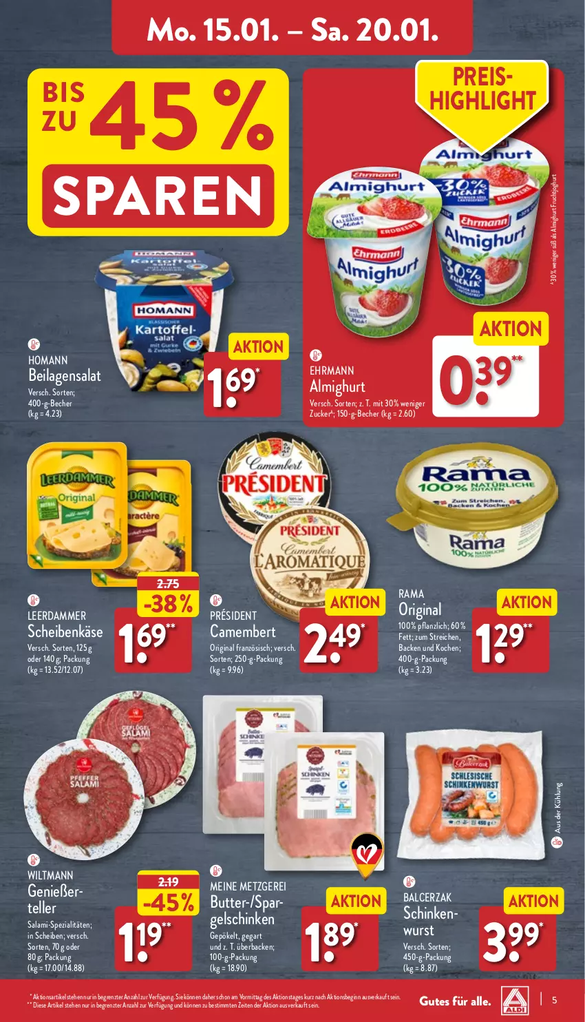 Aktueller Prospekt Aldi Nord - Von Montag - von 15.01 bis 20.01.2024 - strona 5 - produkty: almighur, almighurt, Becher, butter, camembert, ehrmann, ehrmann almighurt, eis, elle, frucht, fruchtjoghurt, gin, homann, ilag, joghur, joghurt, Käse, leerdammer, rama, reis, salami, salat, schinken, schinkenwurst, spargel, spargelschinken, Spezi, teller, Ti, wiltmann, wurst, ZTE, zucker