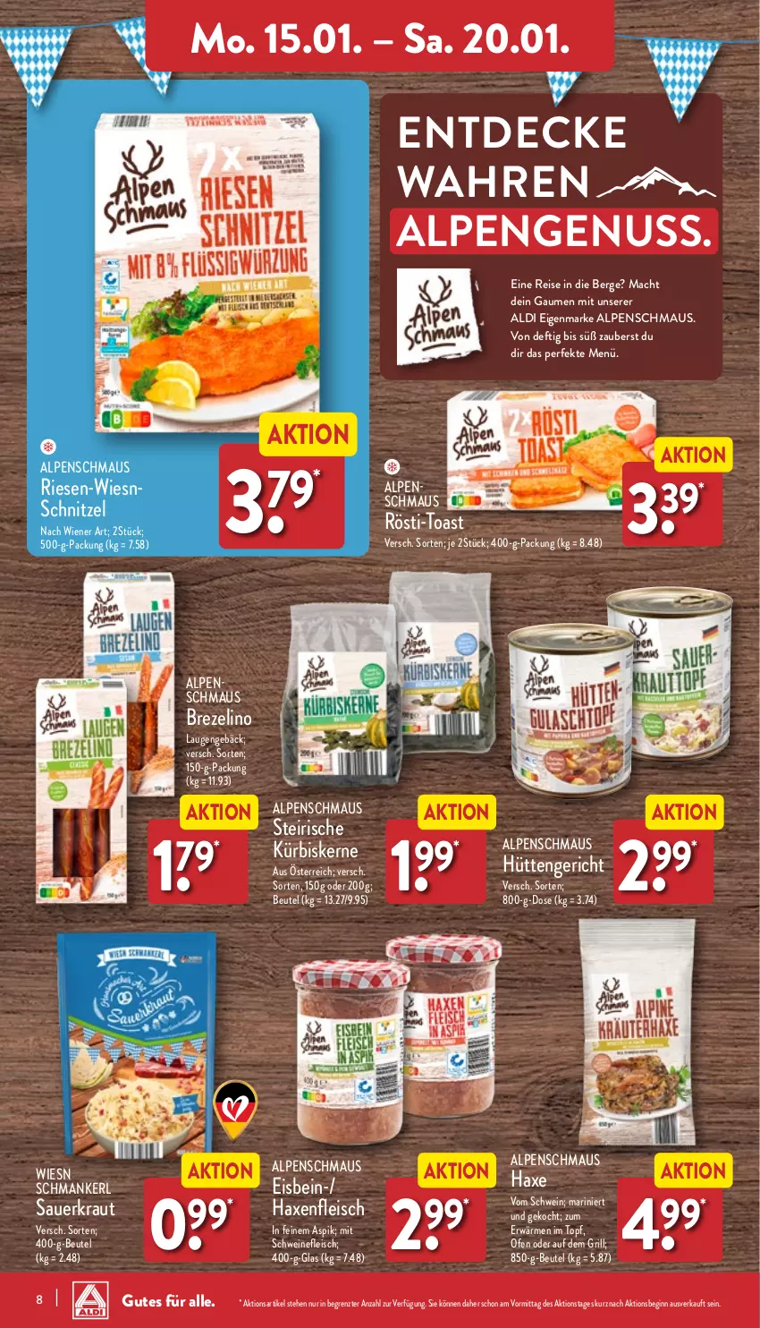 Aktueller Prospekt Aldi Nord - Von Montag - von 15.01 bis 20.01.2024 - strona 8 - produkty: aldi, auer, axe, beutel, brezel, decke, eis, fleisch, gin, grill, Haxe, Kraut, Kürbis, kürbiskerne, mac, Maus, nuss, Ofen, reis, Sauerkraut, schnitzel, schwein, schweine, schweinefleisch, Ti, toast, topf, wein, weine, wiener, ZTE