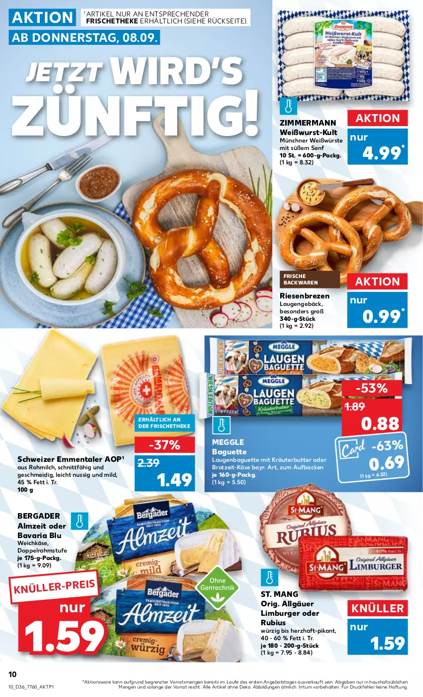 Aktueller Prospekt Kaufland - von 08.09 bis 14.09.2022 - strona 10 - produkty: angebot, backwaren, baguette, bavaria blu, bergader, brot, burger, butter, doppelrahmstufe, eis, emmentaler, frische backwaren, Käse, kräuter, kräuterbutter, LG, Limburger, meggle, milch, nuss, Ria, Rubius, senf, St. Mang, Ti, weichkäse, Weißwurst, wurst, ZTE