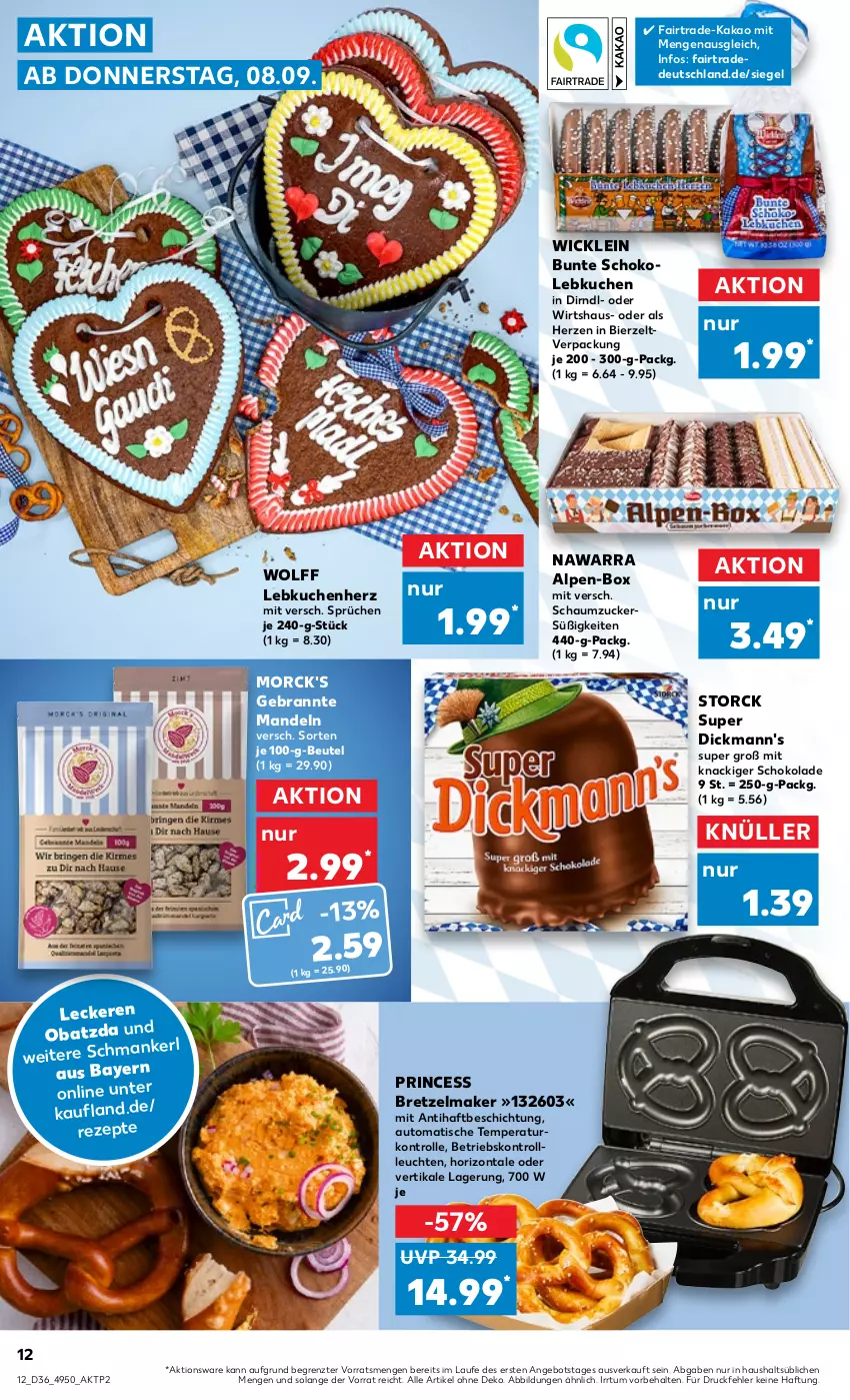 Aktueller Prospekt Kaufland - von 08.09 bis 14.09.2022 - strona 12 - produkty: angebot, auto, beutel, bier, Dickmann's, Dirndl, kakao, kuchen, Lebkuchen, Leuchte, leuchten, mandel, mandeln, rezept, rezepte, Schaumzucker, schoko, schokolade, storck, Ti, tisch, WICK, Zelt, ZTE, zucker