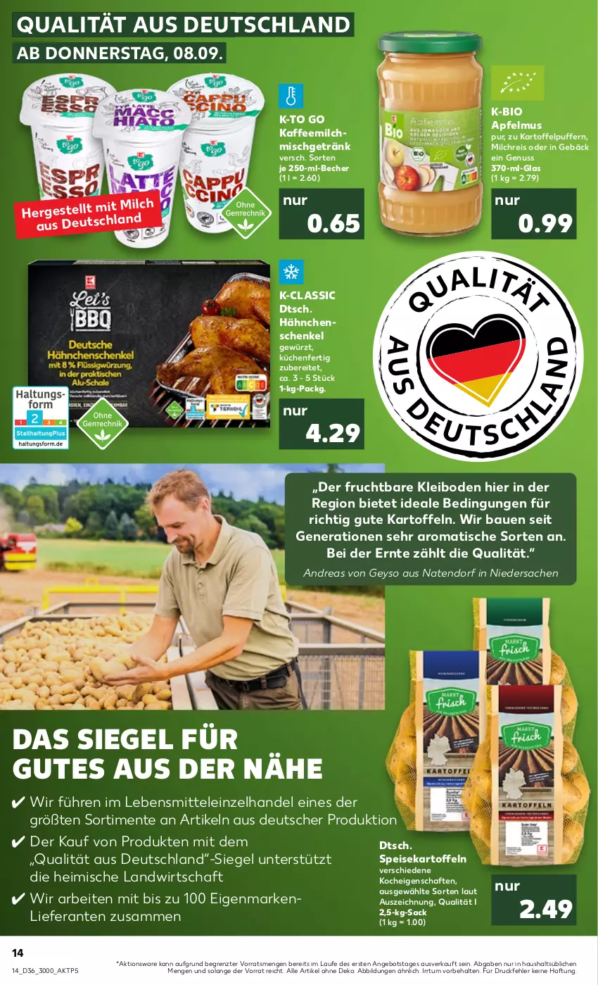 Aktueller Prospekt Kaufland - von 08.09 bis 14.09.2022 - strona 14 - produkty: angebot, apfel, apfelmus, Bau, Becher, bio, eis, ente, frucht, getränk, gewürz, hähnchenschenkel, henkel, kaffee, Kaffeemilch, kartoffel, kartoffeln, kartoffelpuffer, küche, Küchen, lebensmittel, milch, milchreis, nuss, reis, sac, schenkel, speisekartoffeln, Ti, tisch, ZTE