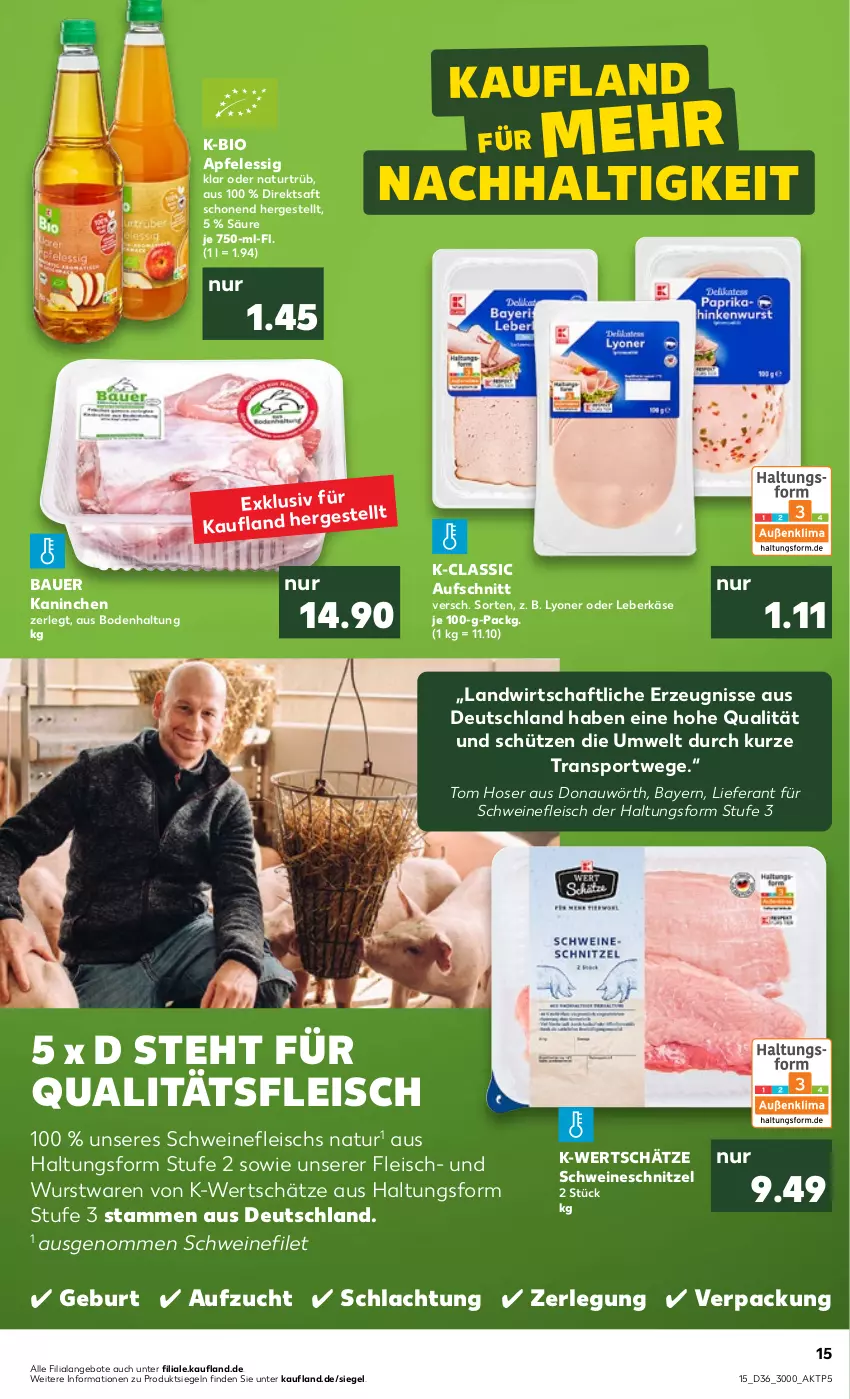 Aktueller Prospekt Kaufland - von 08.09 bis 14.09.2022 - strona 15 - produkty: angebot, angebote, apfel, apfelessig, auer, aufschnitt, Bau, Bauer, bio, direktsaft, eis, essig, filet, fleisch, hose, Käse, leberkäs, leberkäse, lyoner, natur, saft, schnitzel, Schütze, schwein, schweine, schweinefilet, schweinefleisch, schweineschnitzel, Sport, Ti, wein, weine, wurst, Yo