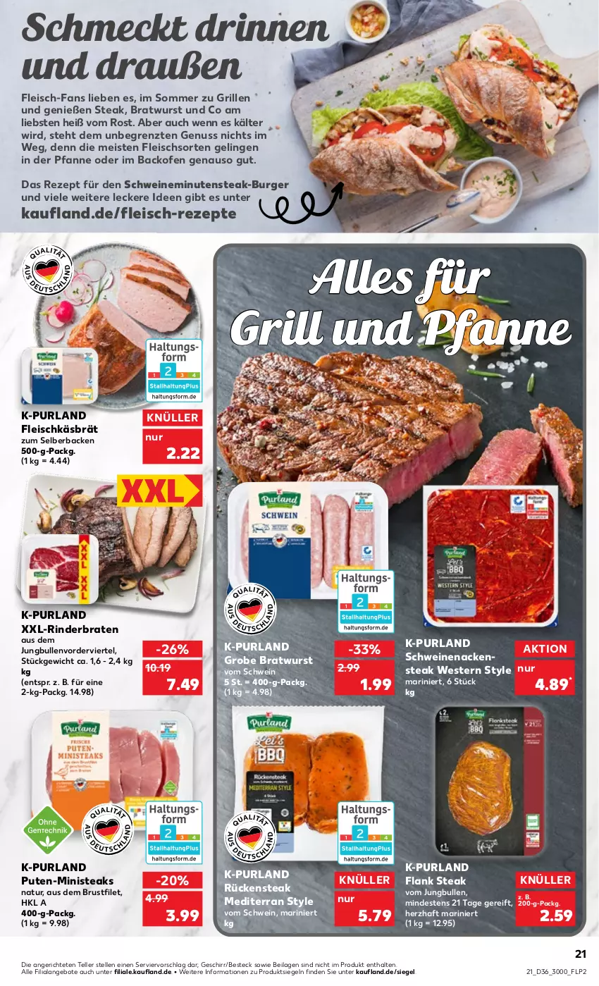 Aktueller Prospekt Kaufland - von 08.09 bis 14.09.2022 - strona 21 - produkty: angebot, angebote, backofen, besteck, braten, bratwurst, brustfilet, burger, eis, elle, filet, fleisch, für grill und pfanne, geschirr, grill, grill und pfanne, grobe bratwurst, ilag, jungbullen, Nackensteak, natur, nuss, Ofen, pfanne, purland, pute, rezept, rezepte, rind, rinder, rinderbraten, Rückensteak, schwein, schweine, schweinenacken, steak, steaks, teller, Ti, und pfanne, wein, weine, Weste, wurst, ZTE