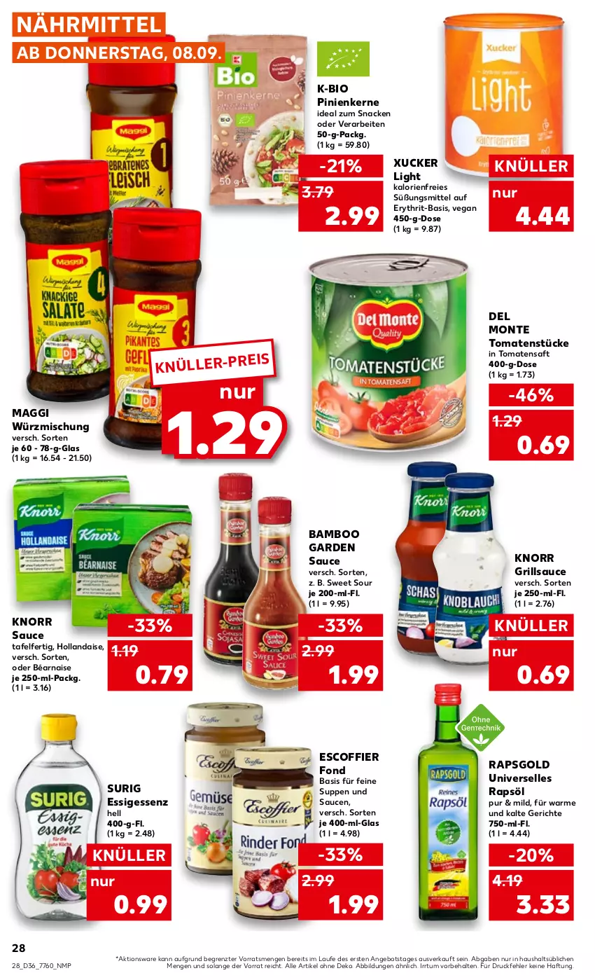 Aktueller Prospekt Kaufland - von 08.09 bis 14.09.2022 - strona 28 - produkty: angebot, bamboo, bio, eis, elle, essig, grill, grillsauce, hollandaise, knorr, maggi, monte, pinienkerne, rapsöl, saft, sauce, saucen, snack, suppe, suppen, Ti, tomate, tomaten, Tomatensaft, Tomatenstücke, ZTE