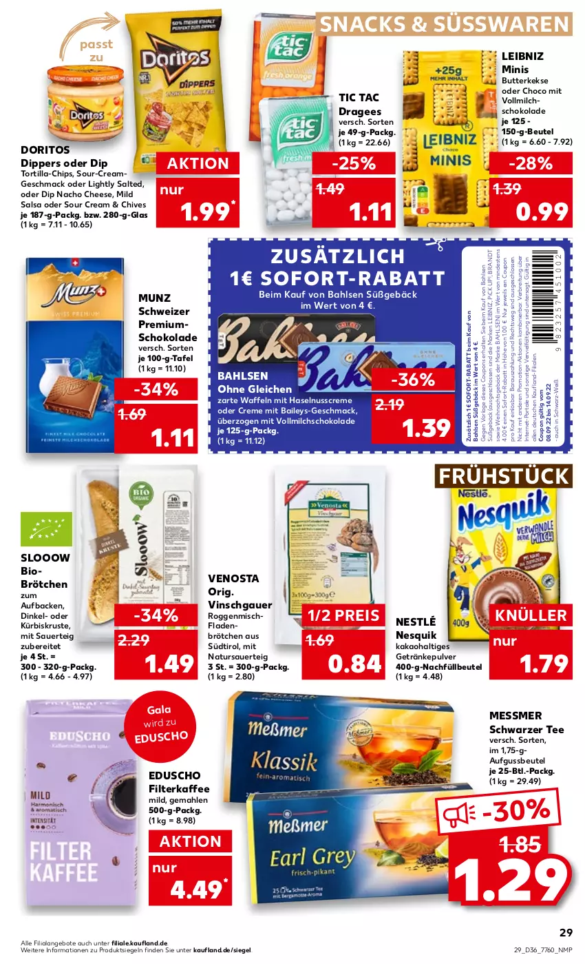 Aktueller Prospekt Kaufland - von 08.09 bis 14.09.2022 - strona 29 - produkty: angebot, angebote, auer, bahlsen, baileys, beutel, bio, brandt, Brei, brötchen, butter, butterkeks, chips, coupon, coupons, creme, dip, Doritos, eduscho, eis, filterkaffee, getränk, getränke, getränkepulver, haselnuss, Haselnusscreme, kaffee, kakao, keks, kekse, Kürbis, leibniz, mac, milch, nacho, nacho cheese, natur, nesquik, nestlé, nuss, Pick Up!, reis, Salsa, schoko, schokolade, schwarzer tee, snack, snacks, sofort-rabatt, sour cream, süsswaren, tee, Ti, tortilla, vollmilch, waffeln