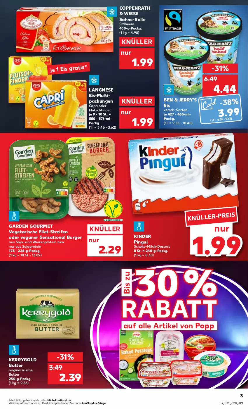 Aktueller Prospekt Kaufland - von 08.09 bis 14.09.2022 - strona 3 - produkty: angebot, angebote, beere, burger, butter, Cap, coppenrath, dessert, eis, erdbeere, filet, garden gourmet, gin, irische butter, kerrygold, Kinder, kinder pingui, langnese, langnese eis, milch, pingui, Popp, reifen, sahne, schoko, soja, Ti, Vegeta