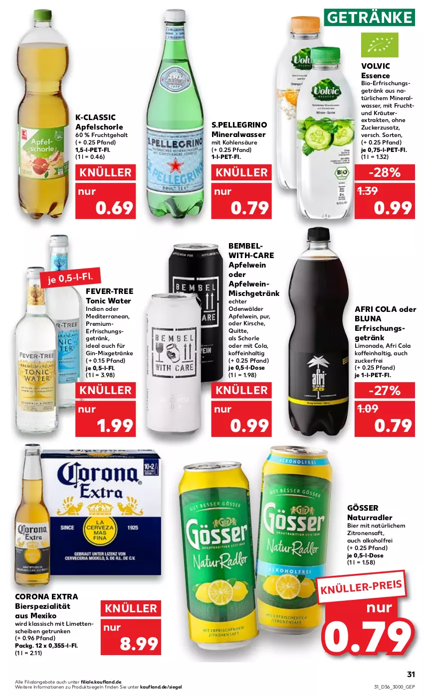 Aktueller Prospekt Kaufland - von 08.09 bis 14.09.2022 - strona 31 - produkty: Afri Cola, alkohol, Alwa, angebot, angebote, apfel, Apfelschorle, apfelwein, bier, bio, cola, corona, corona extra, eis, elle, fever-tree, frucht, getränk, getränke, gin, gösser, kirsch, kirsche, kräuter, limette, limetten, limo, limonade, Mett, metten, mineralwasser, mit frucht, Mixgetränk, natur, radler, saft, schorle, Spezi, Ti, tonic, tonic water, volvic, wasser, wein, zitrone, zitronen, zitronensaft, zucker