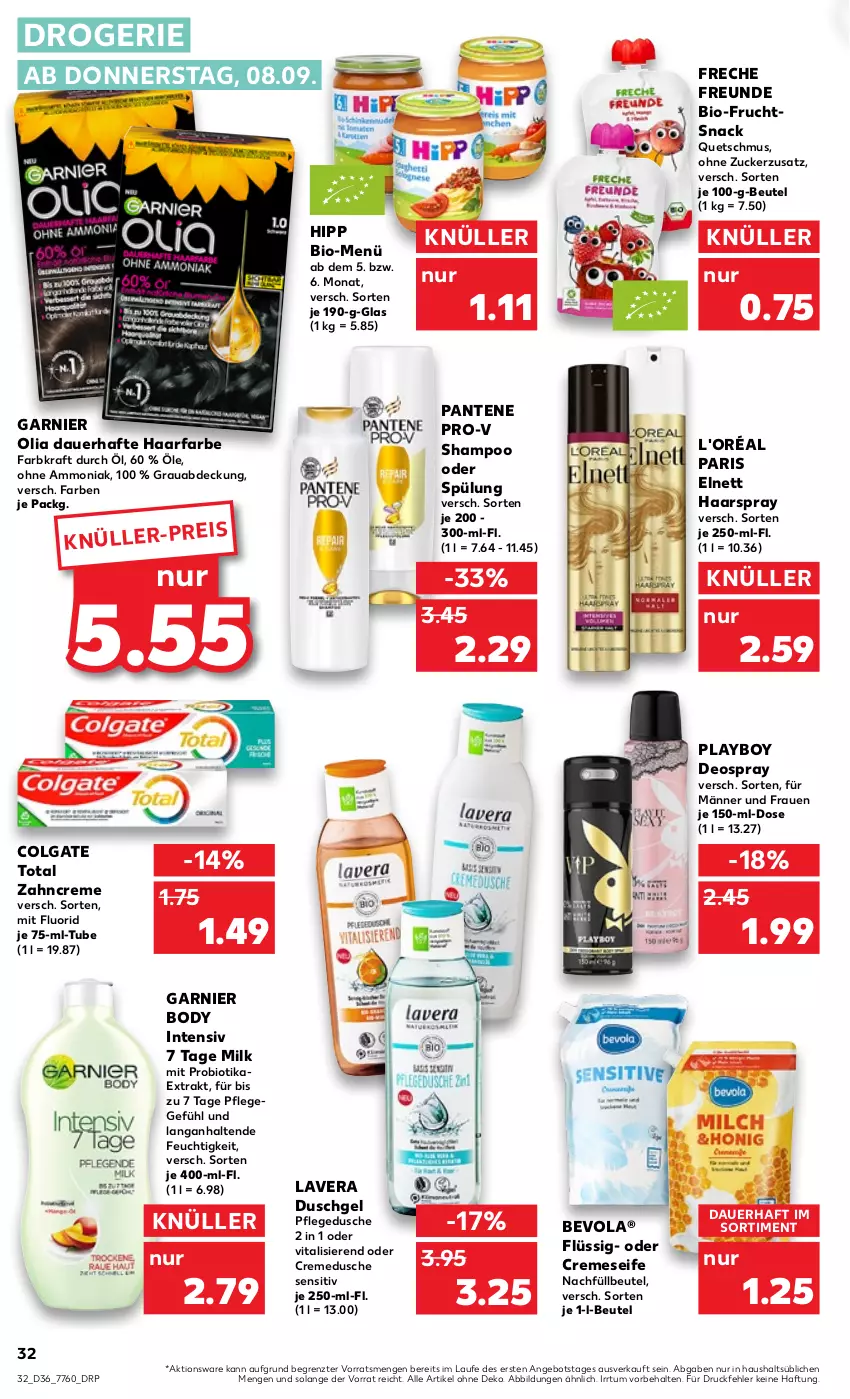 Aktueller Prospekt Kaufland - von 08.09 bis 14.09.2022 - strona 32 - produkty: angebot, auer, beutel, bio, body, colgate, colgate total, creme, cremedusche, cremeseife, deo, deospray, dusche, duschgel, eis, elnett, freche freunde, frucht, garnier, haarspray, hipp, kraft, lavera, LG, pantene, pantene pro-v, pflegedusche, Playboy, pro-v, Seife, shampoo, shampoo oder spülung, snack, spülung, Ti, vita, vitalis, zahncreme, ZTE, zucker