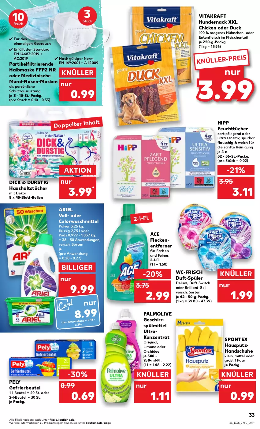 Aktueller Prospekt Kaufland - von 08.09 bis 14.09.2022 - strona 33 - produkty: angebot, angebote, ariel, beutel, colorwaschmittel, Duck, eis, ente, feuchttücher, FFP2, Fleckenentferner, fleisch, gefrierbeutel, geschirr, gin, handschuhe, haushaltstücher, hipp, hundesnack, kraft, limo, Maske, olive, orchidee, palmolive, pely, Pods, Rauch, Reinigung, schuhe, snack, spontex, spülmittel, Ti, tücher, vita, vitakraft, waschmittel