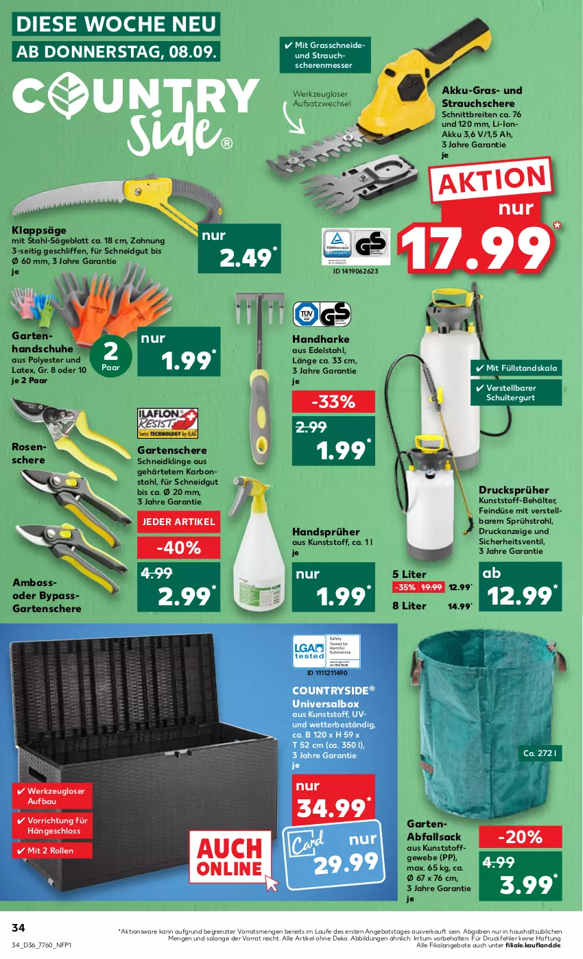 Aktueller Prospekt Kaufland - von 08.09 bis 14.09.2022 - strona 34 - produkty: akku, angebot, angebote, Bau, Behälter, boss, Brei, edelstahl, Garten, Gartenschere, handschuhe, messer, Rauch, rosen, sac, säge, Schere, schuhe, schultergurt, Strauchschere, Ti, werkzeug, ZTE