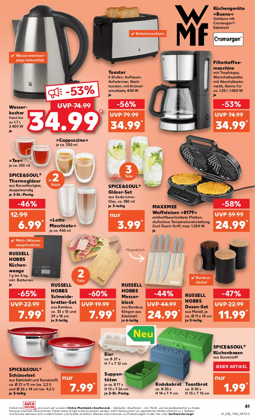 Aktueller Prospekt Kaufland - von 08.09 bis 14.09.2022 - strona 41 - produkty: ACC, auto, bambus, batterie, batterien, brot, brötchen, brötchenaufsatz, Cap, cappuccino, chia, cin, decke, Deckel, edelstahl, eier, eis, erde, filterkaffee, gefu, Gläser, kaffee, kaffeemaschine, knäckebrot, Kocher, küche, Küchen, Küchenwaage, latte, latte macchiato, Leuchte, mac, macchiato, messer, messerblock, milch, ndk, Rauch, russell hobbs, Schal, schneidebrett, schuhe, schüssel, Soda, suppe, suppen, tee, Thermogläser, Ti, tisch, toast, Toastbrot, toaster, Tüte, versandkostenfrei, Waage, Waffeleisen, wasser, wasserkocher