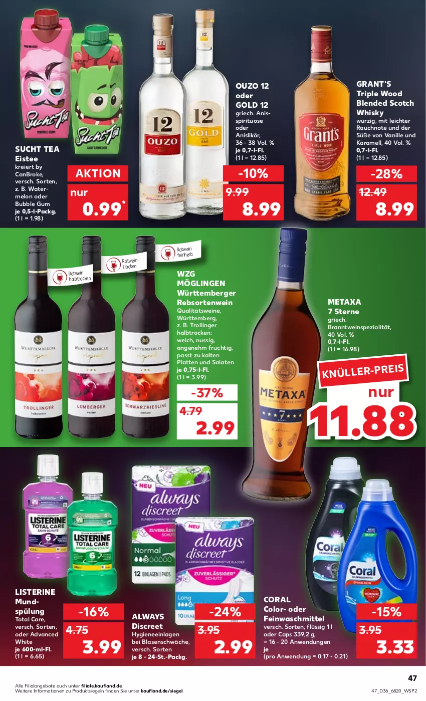 Aktueller Prospekt Kaufland - von 08.09 bis 14.09.2022 - strona 47 - produkty: Alwa, Always, angebot, angebote, Berger, blended scotch, blended scotch whisky, Cap, Coral, Discreet, eier, eis, eistee, feinwaschmittel, frucht, karamell, latte, likör, listerine, Metaxa, mundspülung, nuss, ouzo, ouzo 12, qualitätswein, qualitätsweine, Rauch, rotwein, salat, salate, scotch, scotch whisky, Spezi, spülung, tee, Ti, total care, trolli, trollinger, vanille, waschmittel, wein, weine, whisky