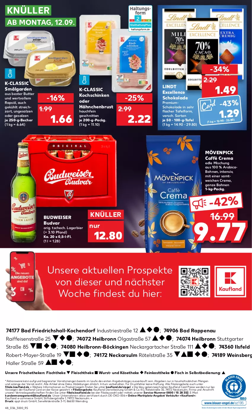 Aktueller Prospekt Kaufland - von 08.09 bis 14.09.2022 - strona 48 - produkty: angebot, angebote, Astra, Bad, Becher, bier, bio, bohne, bohnen, budweiser, butter, caffè crema, drucker, eis, elle, Engel, erde, feinkost, feinkosttheke, fisch, fischtheke, fleisch, hähnchenbrust, Käse, käsetheke, kerze, kochschinken, Lagerbier, LG, lindt, mövenpick, rapsöl, reis, salz, schinken, schnitten, schoko, schokolade, Streichzart, Ti, wein, wurst, ZTE