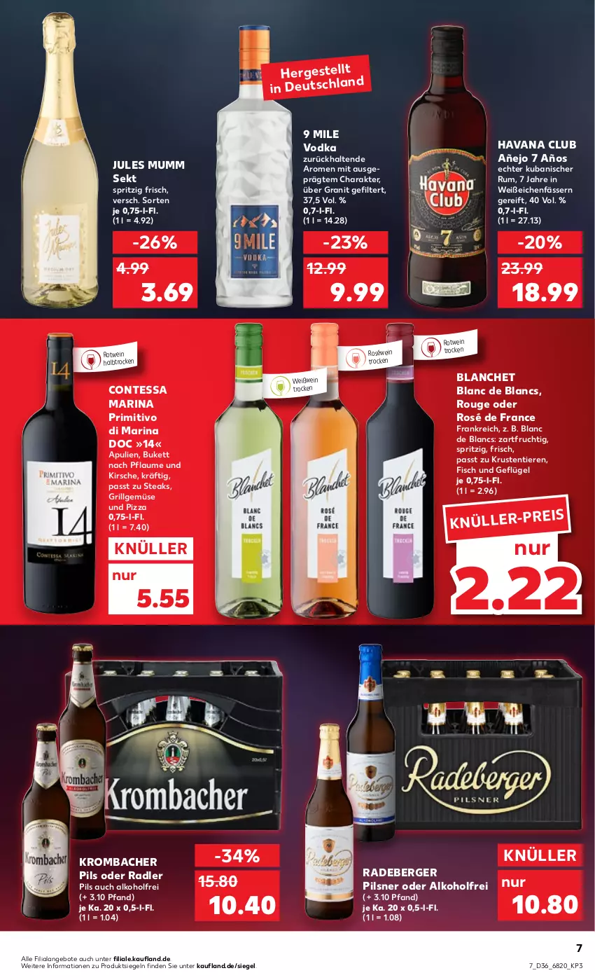 Aktueller Prospekt Kaufland - von 08.09 bis 14.09.2022 - strona 7 - produkty: alkohol, angebot, angebote, Berger, de blancs, eis, fisch, frucht, Geflügel, grill, Havana Club, jules mumm, kirsch, kirsche, krombache, krombacher, krombacher pils, LG, mumm, oder radler, pflaume, pils, pilsner, pizza, primitivo, radeberger, radeberger pilsner, radler, roséwein, rotwein, rouge, rum, sekt, steak, steaks, Ti, Tiere, vodka, wein, Weißwein