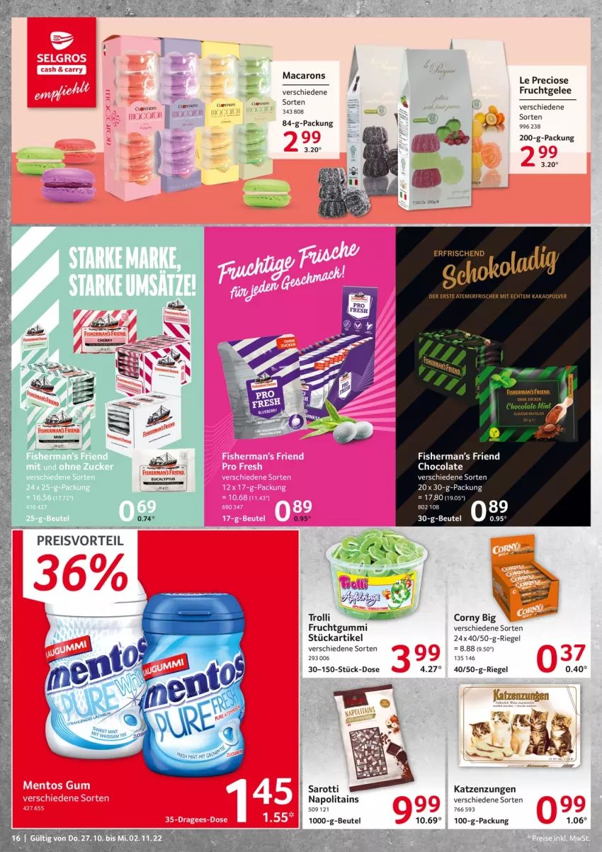 Aktueller Prospekt Selgros - Food - von 27.10 bis 02.11.2022 - strona 16 - produkty: beutel, cola, corny, eis, frucht, fruchtgummi, gelee, kakao, mac, Macarons, mint, nero, preisvorteil, reis, riegel, saro, sarotti, Ti, trolli, veet