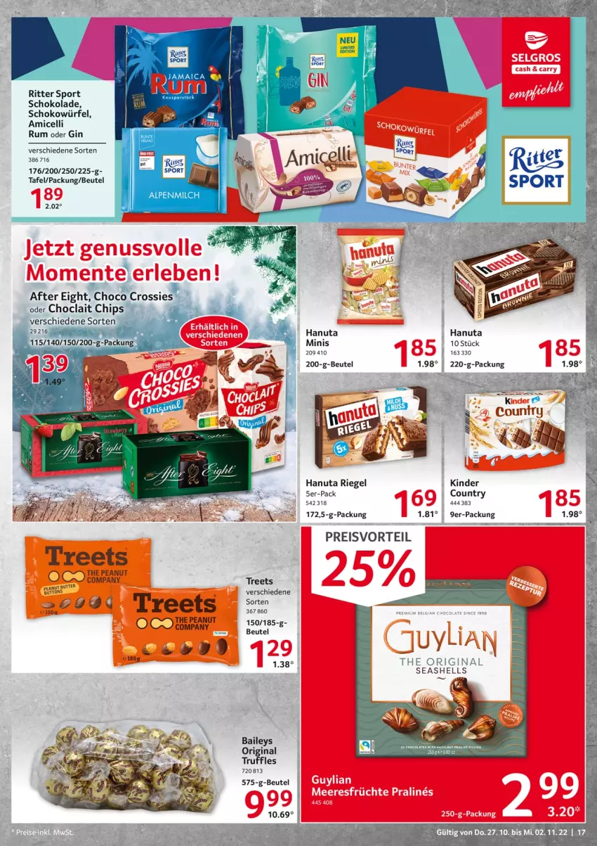 Aktueller Prospekt Selgros - Food - von 27.10 bis 02.11.2022 - strona 17 - produkty: after eight, amicelli, baileys, beutel, butter, chips, choclait chips, cola, eis, gin, hanuta, preisvorteil, reis, riegel, ritter, ritter sport, rum, schoko, schokolade, schokowürfel, Sport, würfel