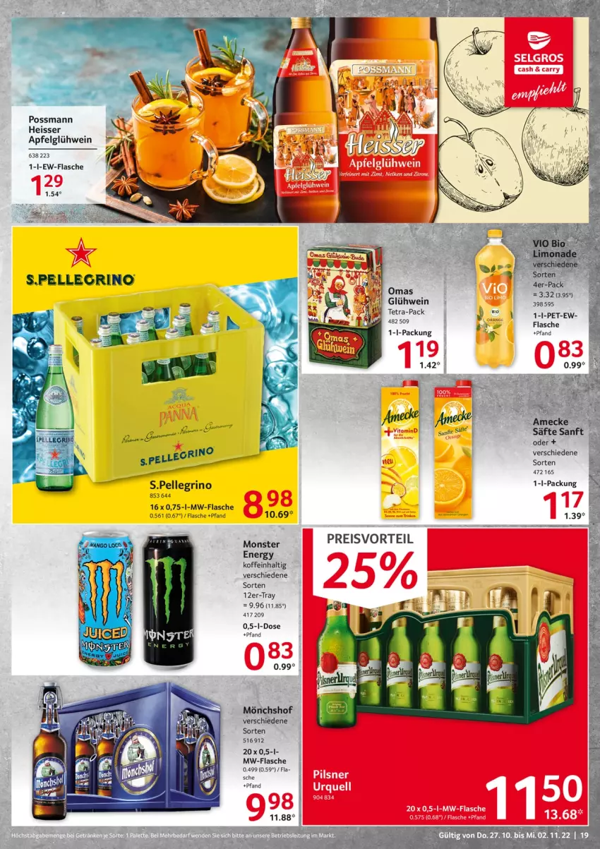 Aktueller Prospekt Selgros - Food - von 27.10 bis 02.11.2022 - strona 19 - produkty: amecke, apfel, bio, eis, elle, flasche, frucht, Glühwein, LG, limo, limonade, mango, mönchshof, monster, Monster Energy, mw-flasche, pils, pilsner, preisvorteil, reis, säfte, Ti, vita, wein