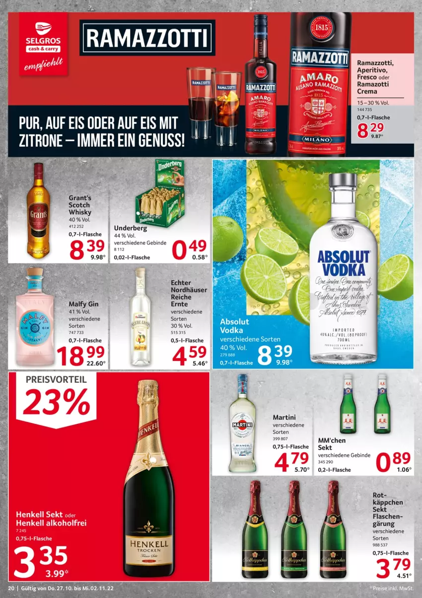 Aktueller Prospekt Selgros - Food - von 27.10 bis 02.11.2022 - strona 20 - produkty: eis, flasche, gin, martini, preisvorteil, rama, ramazzott, ramazzotti, reis, scotch, scotch whisky, sekt, tee, Ti, underberg, vodka, whisky, zott