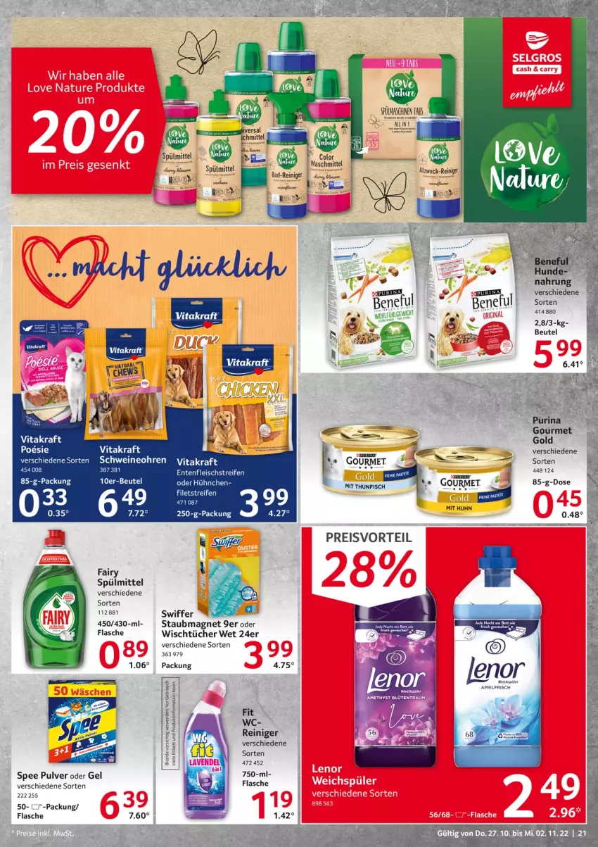 Aktueller Prospekt Selgros - Food - von 27.10 bis 02.11.2022 - strona 21 - produkty: aeg, Bad, Bad-Reiniger, bett, beutel, bio, eis, ente, fairy, flasche, fleisch, gourmet gold, kraft, LG, pril, purina, Rauch, reifen, reiniger, Ria, rwe, schwein, schweine, spee, spülmittel, staubmagnet, swiffer, Ti, tücher, vita, vitakraft, waschmittel, weichspüler, wein, weine