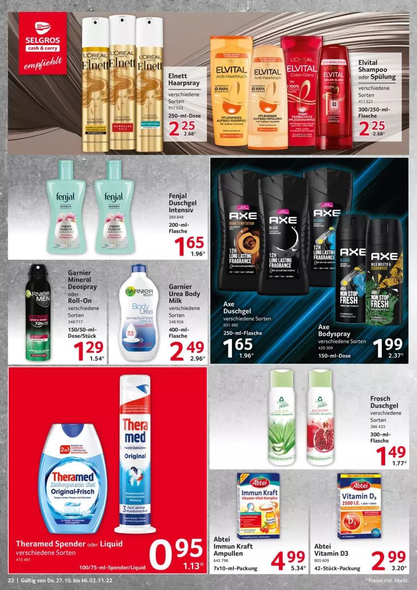 Aktueller Prospekt Selgros - Food - von 27.10 bis 02.11.2022 - strona 22 - produkty: Abtei, asti, axe, Bau, body, creme, deo, deospray, dusche, duschgel, elle, elnett, elvital, flasche, Frosch, garnier, gin, haarspray, kraft, lack, roll-on, shampoo, spülung, Ti, vita, Vitamin D