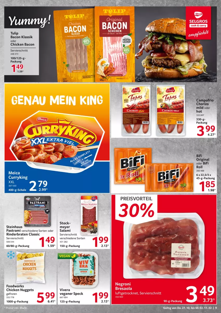 Aktueller Prospekt Selgros - Food - von 27.10 bis 02.11.2022 - strona 9 - produkty: Astra, bacon, bifi, braten, chicken nuggets, gin, nuggets, pastrami, rind, rinder, rinderbraten, salami, Schal, Schale, Speck, steinhaus, Ti, tulip, Yo