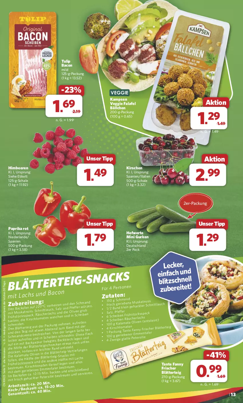 Aktueller Prospekt Combi - Prospekte - von 03.06 bis 08.06.2024 - strona 13 - produkty: bacon, beere, beeren, blätterteig, eis, Falafel, gurke, gurken, himbeer, himbeere, himbeeren, kirsch, kirsche, kirschen, paprika, paprika rot, reis, Schal, Schale, tante fanny, Ti, tulip, veggie, ZTE