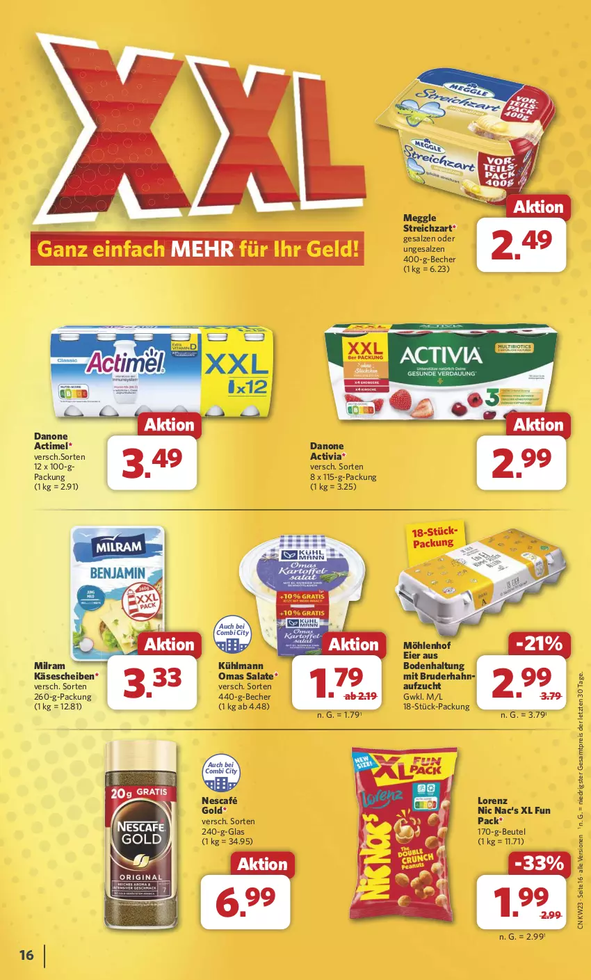 Aktueller Prospekt Combi - Prospekte - von 03.06 bis 08.06.2024 - strona 16 - produkty: actimel, activia, Becher, beutel, danone, danone activia, eier, eis, Käse, käsescheiben, kühlmann, lorenz, meggle, milram, Nescafé, nescafé gold, reis, salat, salate, salz, Streichzart, Ti, ZTE