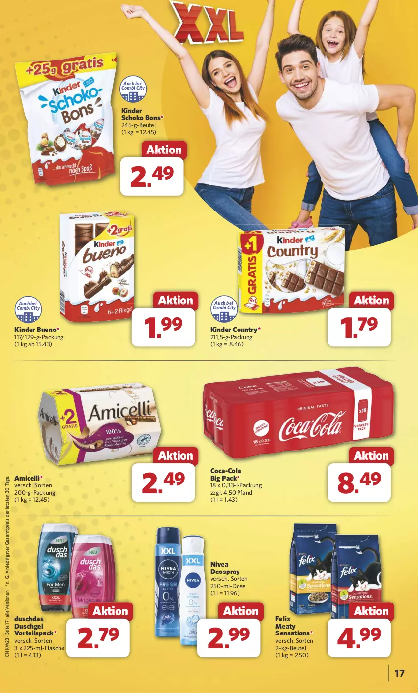 Aktueller Prospekt Combi - Prospekte - von 03.06 bis 08.06.2024 - strona 17 - produkty: amicelli, beutel, coca-cola, cola, deo, deospray, duschdas, duschgel, eis, felix, flasche, Kinder, kinder bueno, kinder country, nivea, reis, schoko, sensations, Ti, ZTE