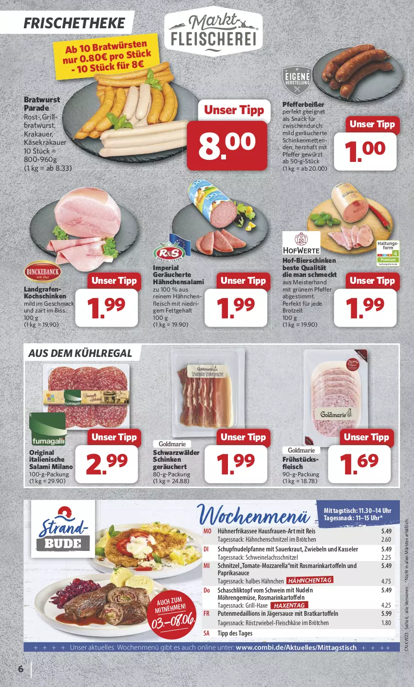 Aktueller Prospekt Combi - Prospekte - von 03.06 bis 08.06.2024 - strona 6 - produkty: auer, aus dem kühlregal, axe, bier, bierschinken, bratwurst, brot, brötchen, eis, elle, fleisch, fleischkäse, frühstücksfleisch, gewürz, gin, grill, grillbratwurst, Hähnchenfleisch, Hähnchenschnitzel, Haxe, hühner, kartoffel, kartoffeln, Käse, kasseler, kochschinken, krakauer, Kraut, kühlregal, lachs, lion, mac, Meister, Mett, metten, Mettenden, möhren, mozzarella, nerf, nudel, nudeln, paprika, pfanne, pfeffer, Pfefferbeißer, pute, regal, reis, rel, Ria, rosmarin, salami, sauce, Sauerkraut, schinken, schnitzel, schwarzwälder schinken, schwein, schweine, Schweinelachs, snack, Ti, tisch, tomate, topf, uhr, wein, weine, wurst, zwiebel, zwiebeln