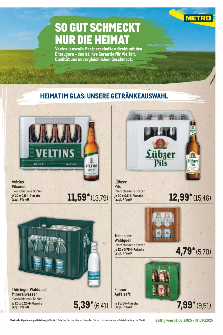 Aktueller Prospekt Metro - Regionaler Flyer - von 01.08 bis 31.08.2025 - strona 103 - produkty: Alwa, apfel, apfelsaft, flasche, getränk, getränke, Lübzer, mac, mineralwasser, Palette, pils, pilsener, ring, saft, Ti, veltins, veltins pilsener, wasser